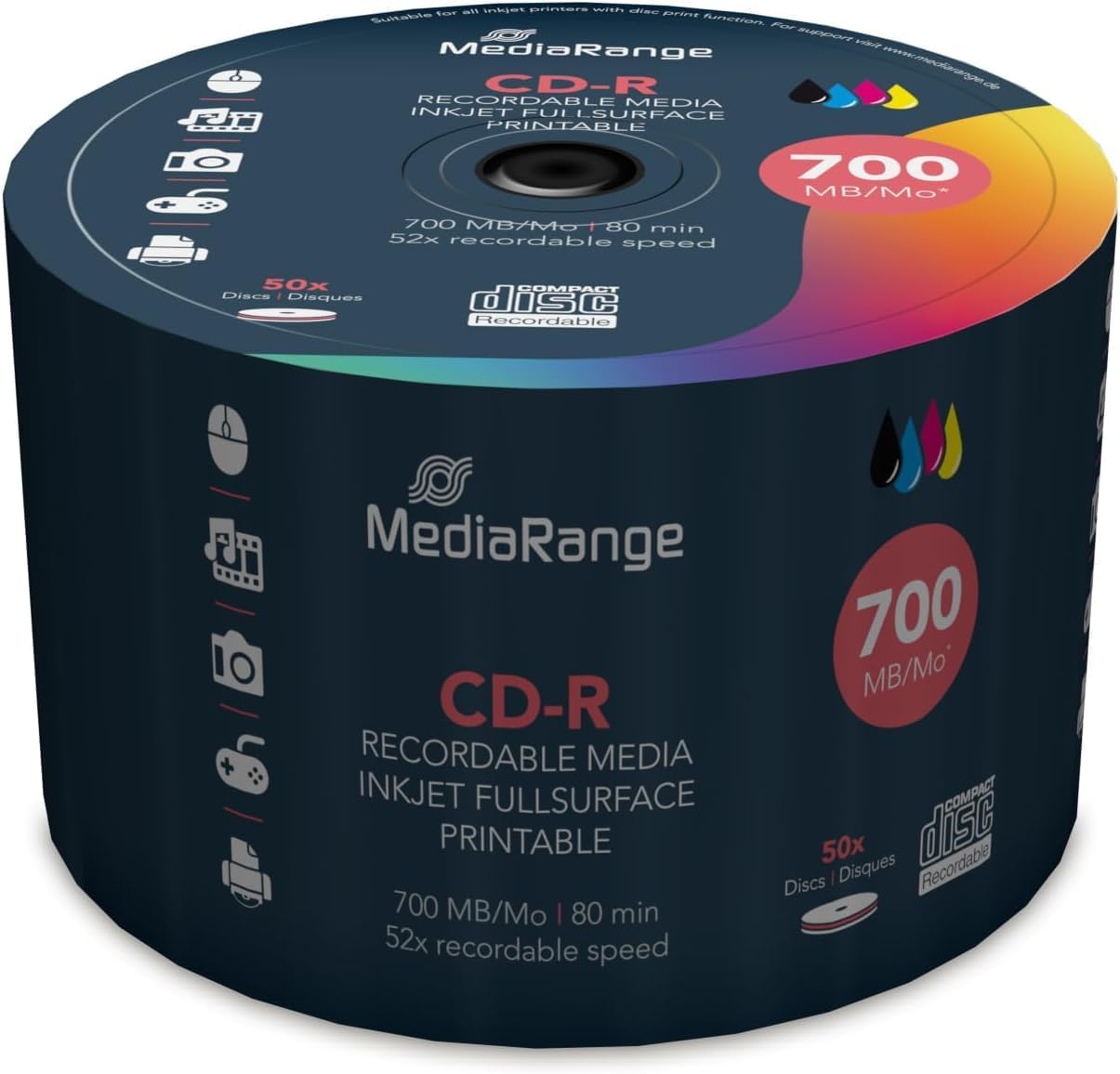 CD-R MediaRange 700MB Full White Inkjet Printable 80mins 50pcs Spindle 52x CAKE TUB