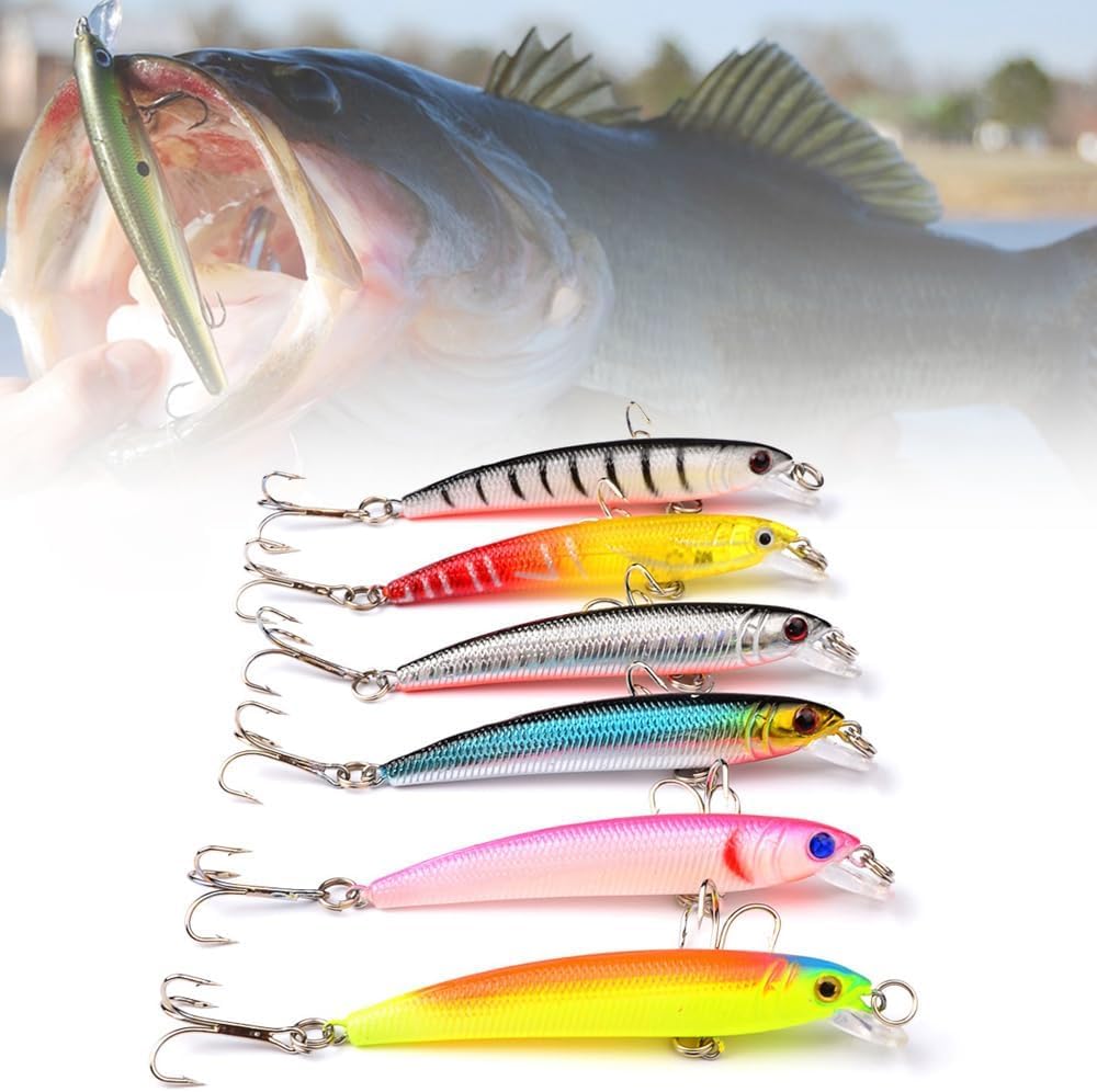 OriGlam 6pcs Fishing Lures Fishing Lure Set Minnow Baits Kit Crankbait Floating Lure with Lip Hooks Swimbait Hard Bait for Bass Trout Freshwater Saltwater