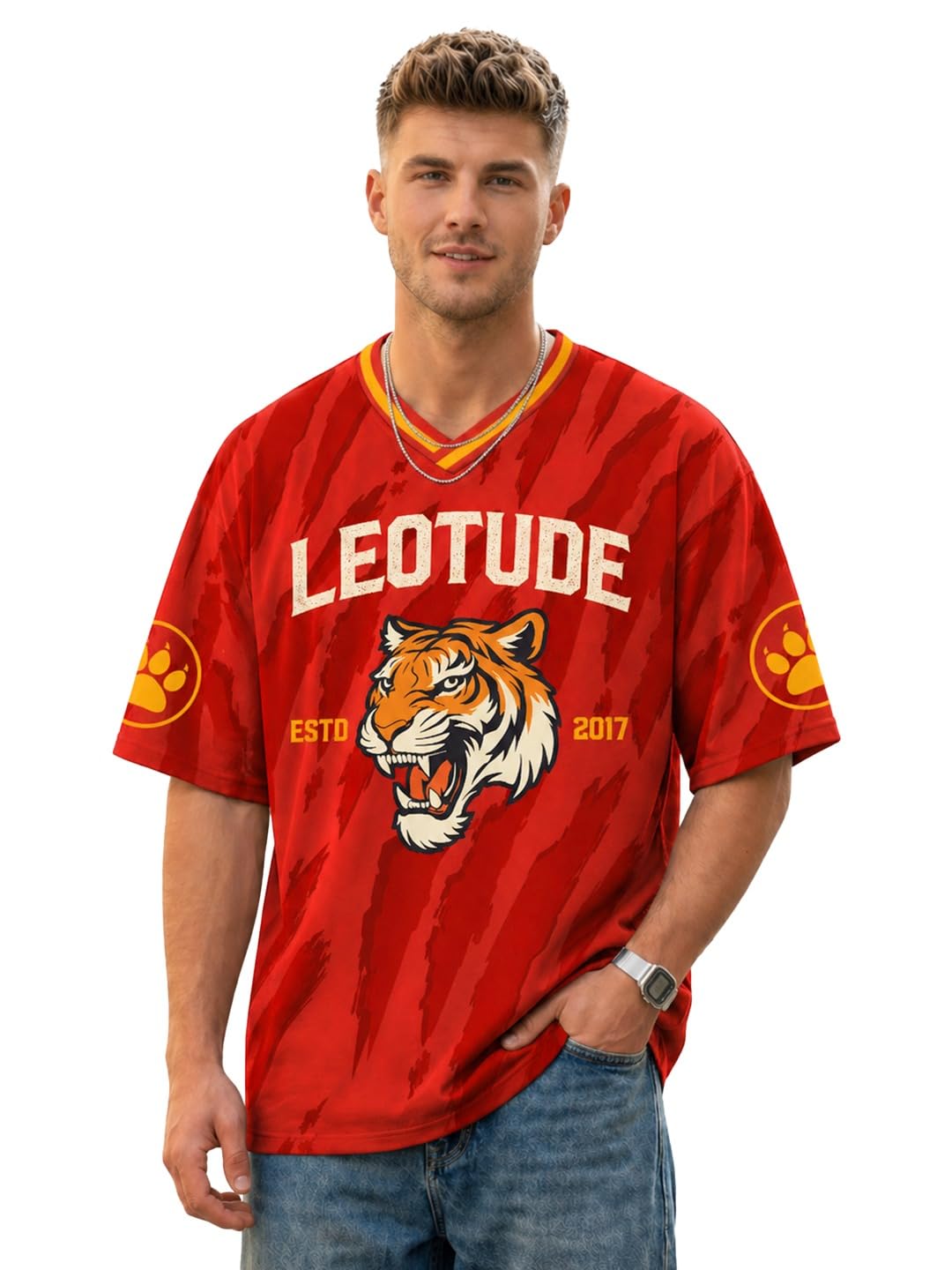 leotude Men’s Tiger Graphic Printed Oversized T-Shirt | Bold Red Sports Jersey Style Tee | V-Neck Half Sleeve Casual Streetwear for Men's (Color:Red)-picture-36