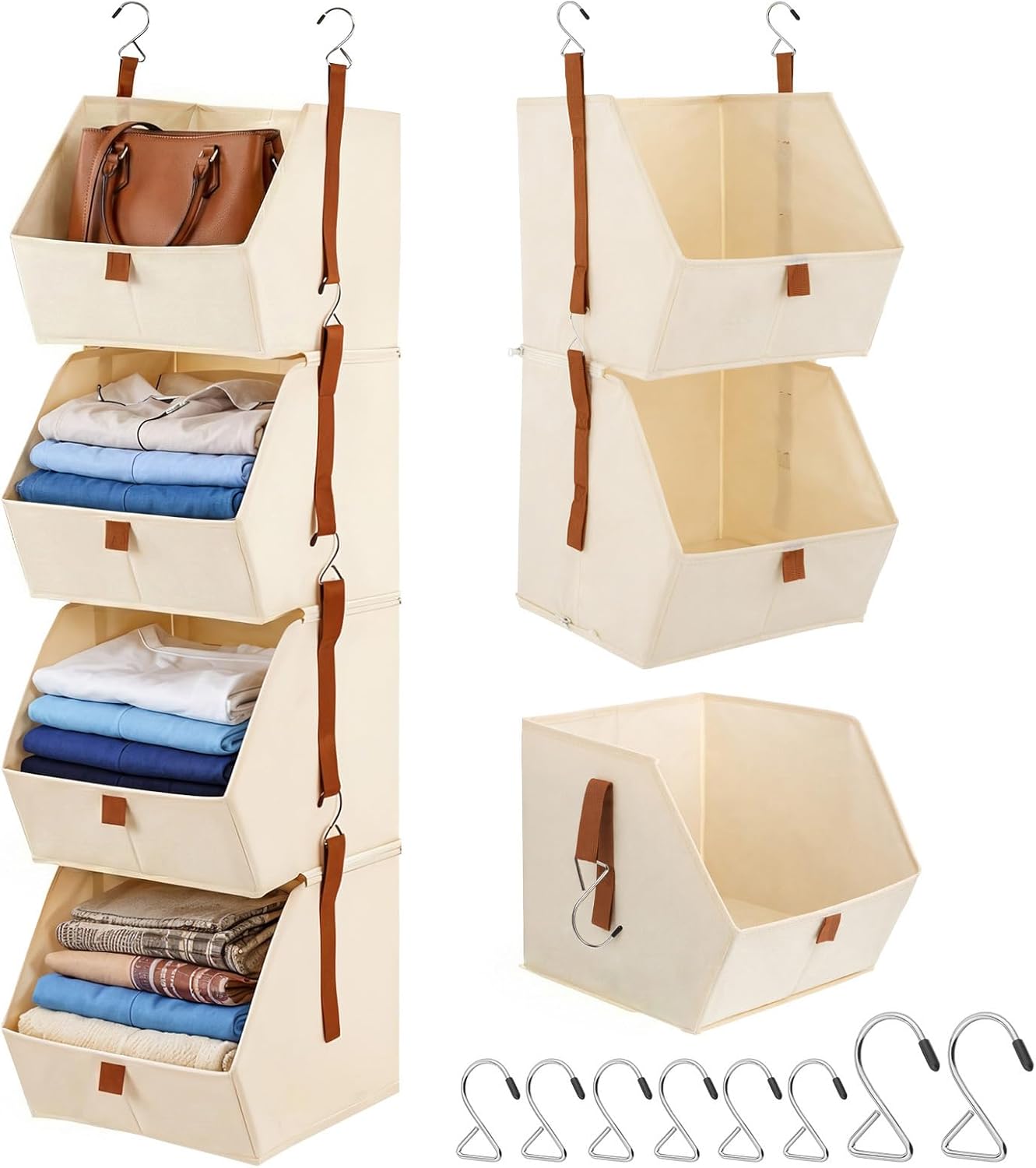 4-Tier Hanging Closet Organizer with Fabric Bins Clothes Hanging Shelves Foldable Hangings Shelves Space-Saving Closet Organizer for Bedroom, Dorm, RV, Beige, 47” H