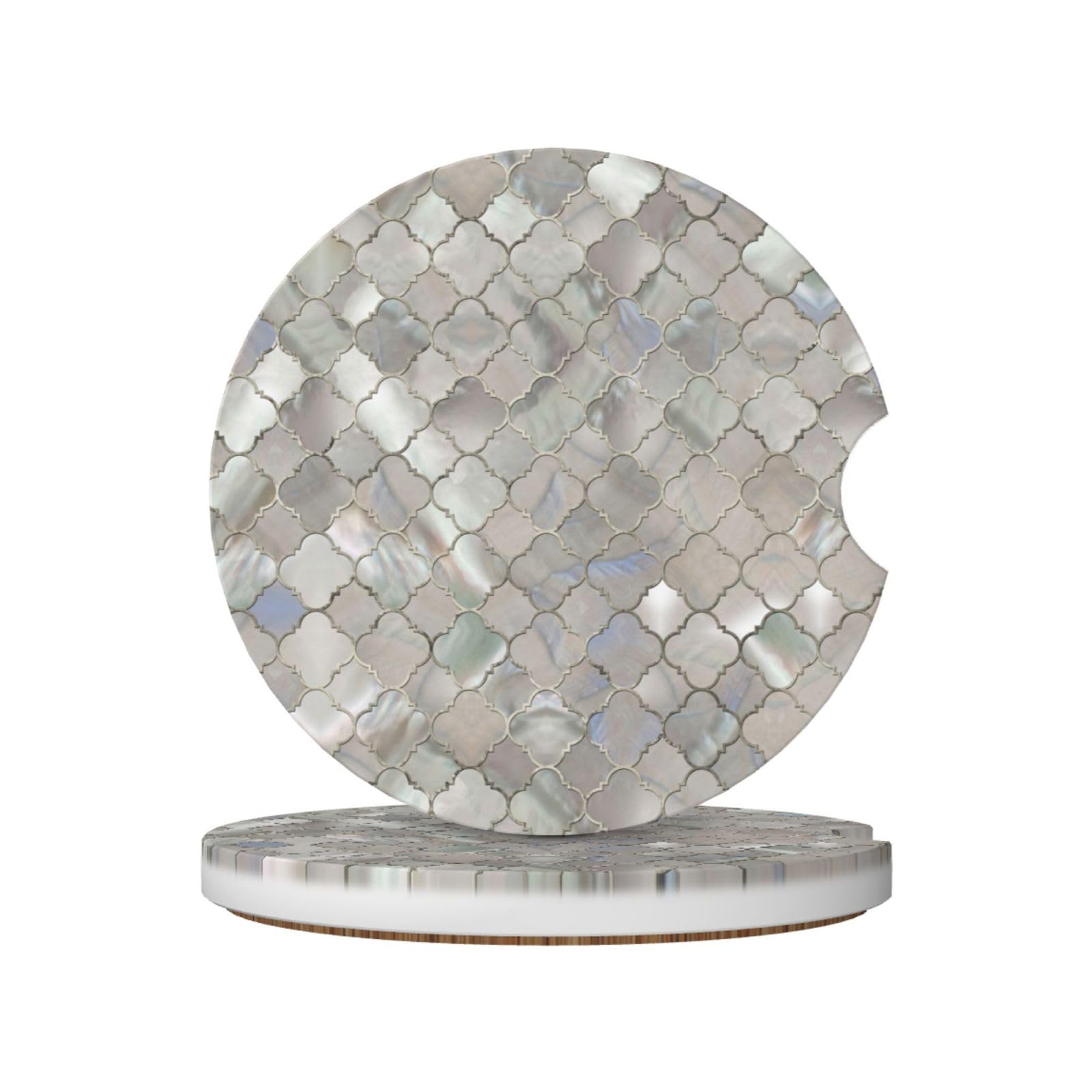 Quatrefoil Moroccan Mother Of Pearl, Car Cup Holder Coasters 2 Pack, Absorbent Ceramic Car Coasters with Non Slip Cork Base