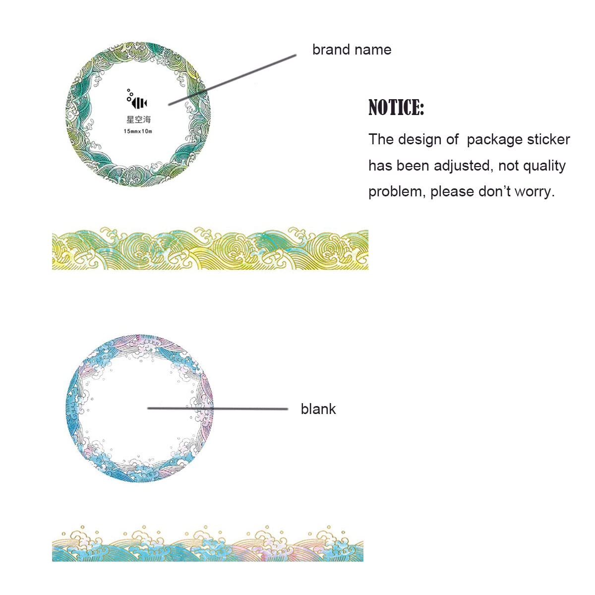 Złota taśma Washi Tape zestaw 2 rolek - unikalny design złota kolorowa fala morska dekoracyjna DIY japoński klej maskujący samoprzylepny papier Washi zestaw taśm (szerokość: 15 mm)