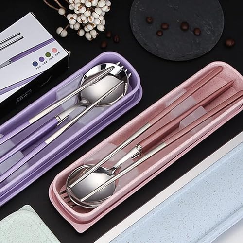 Miniatura 8 de Sosoport Utensilios portátiles, utensilios de viaje, juego de cubiertos de acero inoxidable de 4 piezas, cubiertos portátiles reutilizables para