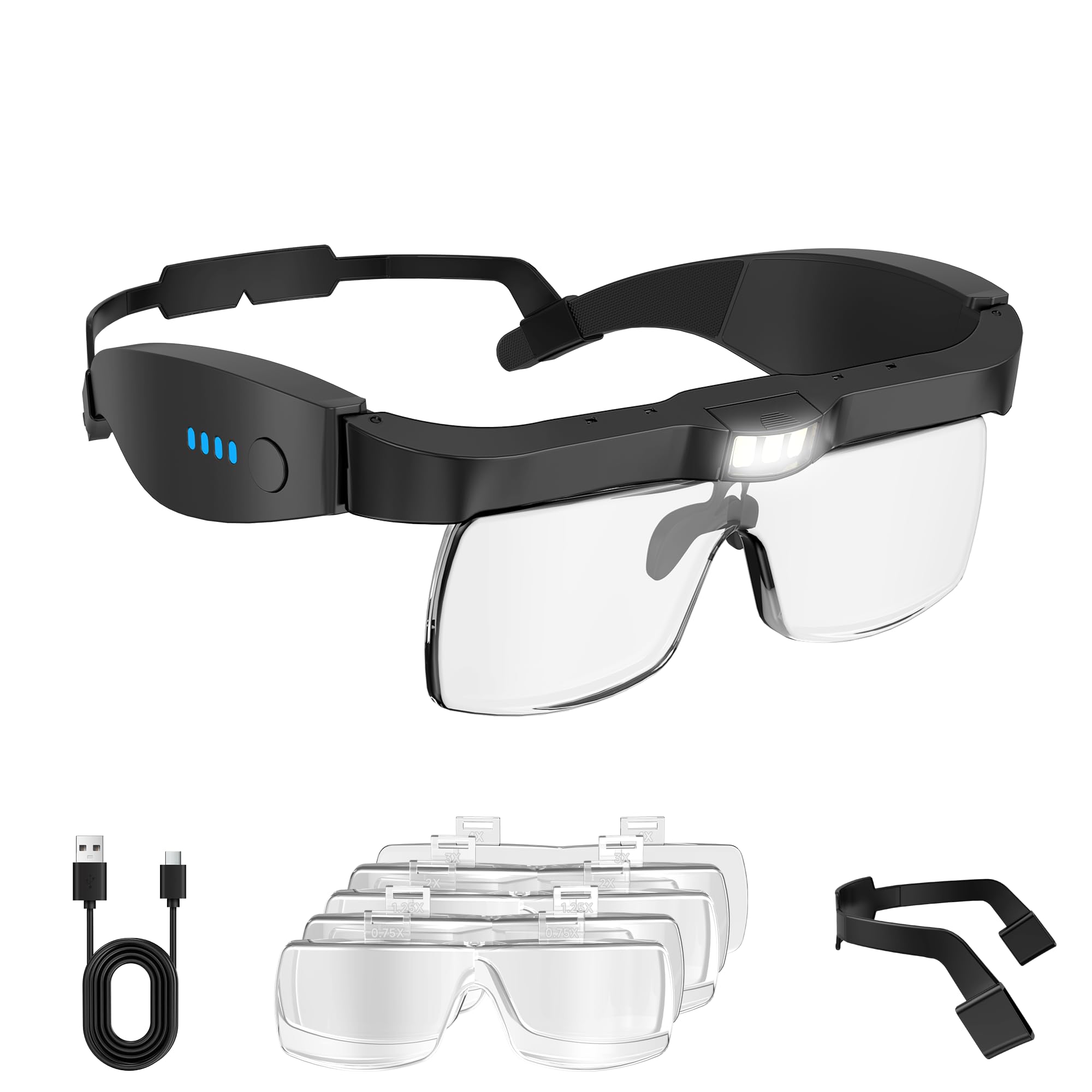 Photo 1 of Magnifying Glass with Light, 0.75X to 4.0X Rechargeable Magnifier Headset, Hands Free Head Mount Magnifier with 5 Detachable Lenses, Magnifying Glasses for Close Work Hobbies Crafts Jewelry (Black)