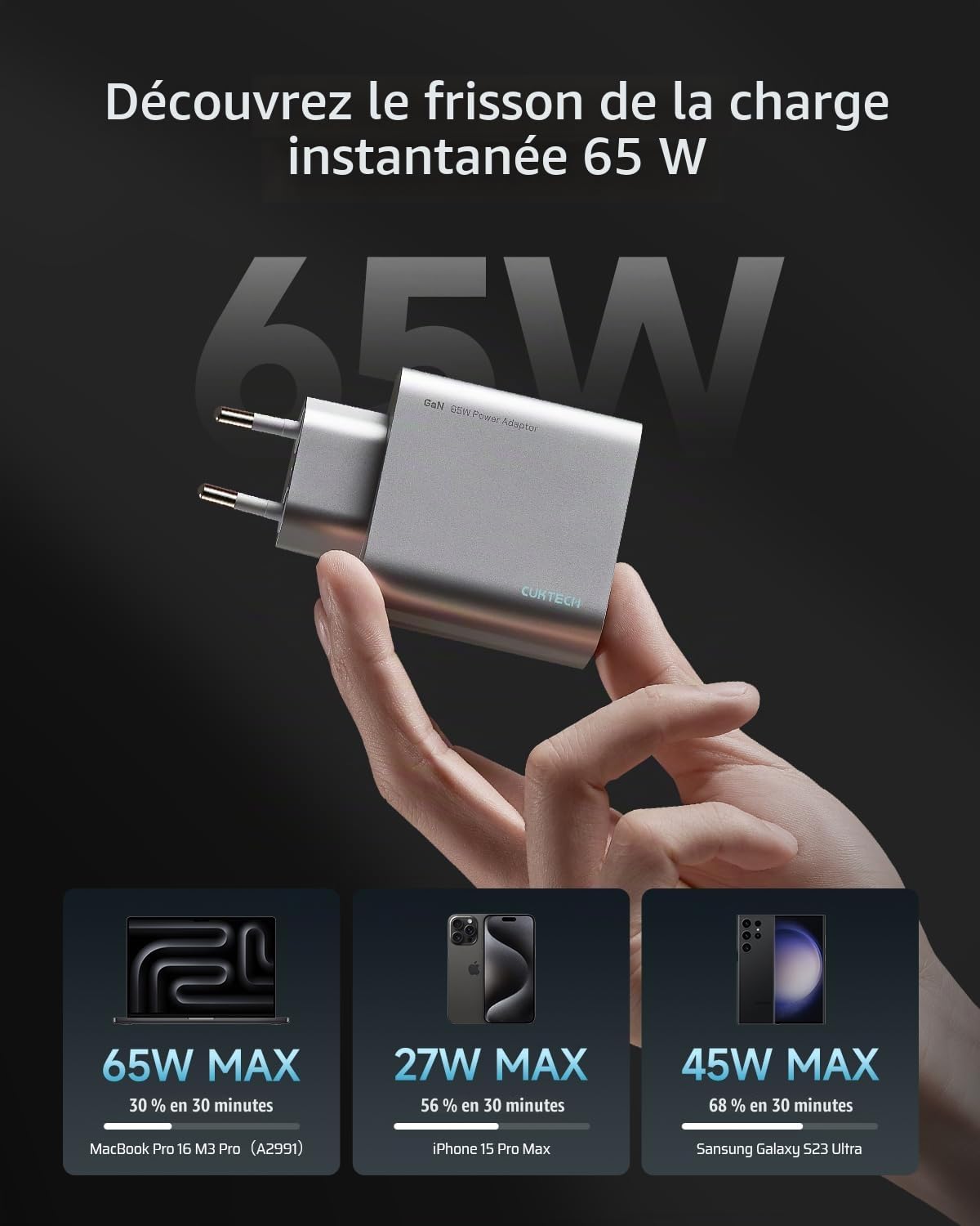 CUKTECH Chargeur USB C 65W, 3 Ports GaN Tech et PPS PD Chargeur Rapide, Chargeur 65W USB C Rapide Compatible avec MacBook/Air, iPad/Air, iPhone, Galaxy S23