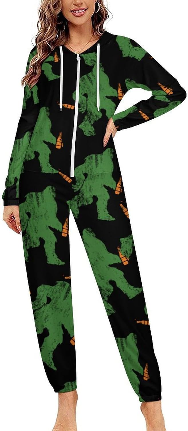 Sasquatch Bigfoot With Beer Adult Pajamas Onesie with Hood Pocket Jumpsuits One Piece Sleepwear