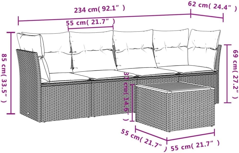 5 Piece Patio Sofa Set with Cushions Gray Poly Rattan, Modular Outdoor Furniture with Acacia Wood Tabletop, Removable Washable Covers, Durable PE Rattan for Backyard Terrace