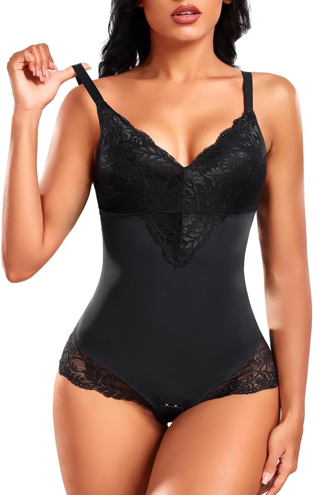 Women Shapewear Tummy Control Sculpting Bodysuit, Body Shaper Thong with Adjustable Straps, V Neck Lace Shaping Leotard Tops Seamless Waist Trainer (XL)