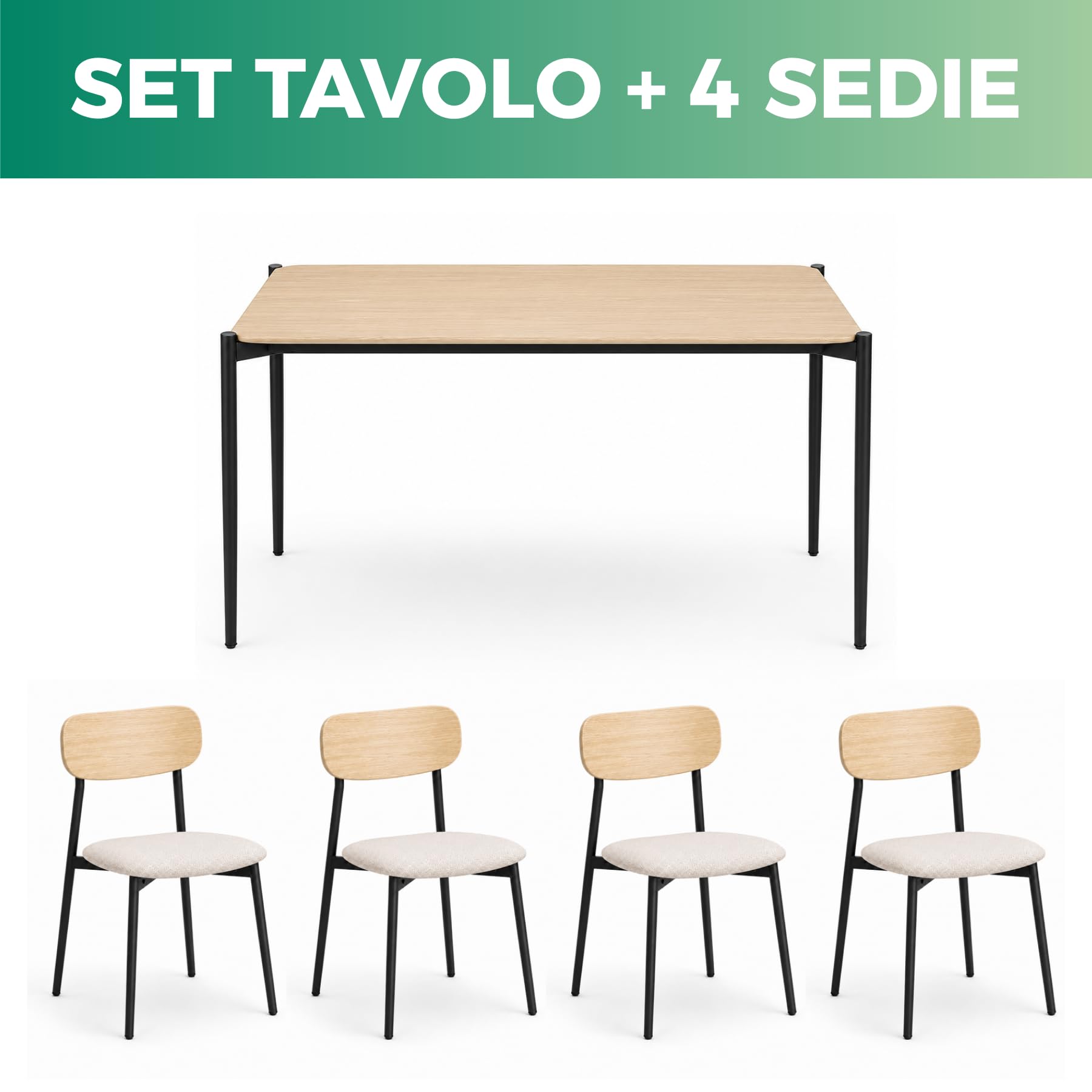 Set Tavolo e 4 Sedie moderno per Cucina e Sala da Pranzo, Tavolo Rettangolare 110x70 cm con Struttura in Metallo Nero, Piano MDF Effetto Legno, Sedie Imbottite in Tessuto, Set 5 Pezzi 4 Posti (Rovere)