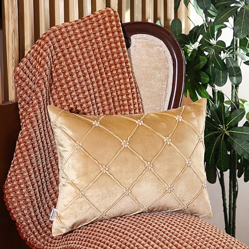 Image of Home - The Best is for You Luxurious Gold Velvet Lumber Cushion Covers with MOTIWORK - Set of 2, 12x18 Inch