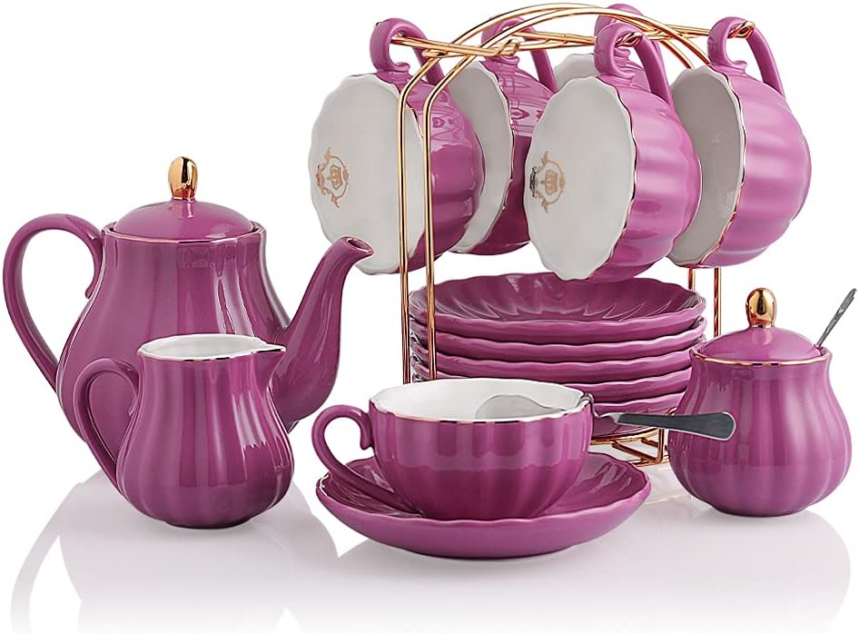Sweejar Porcelain Tea Sets British Royal Series, 8 OZ Cups& Saucer Service for 6, with Teapot Sugar Bowl Cream Pitcher Teaspoons and Tea Strainer, Suitable for High Tea, Wedding, Party (Violet)