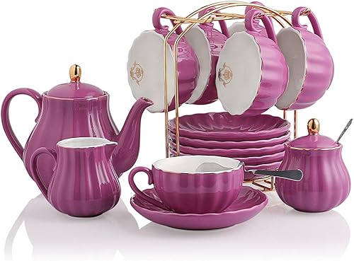 Juegos de té de porcelana de la serie British Royal, tazas y platillo de 8 onzas para 6, con tetera, azucarero, jarra de crema, cucharaditas y