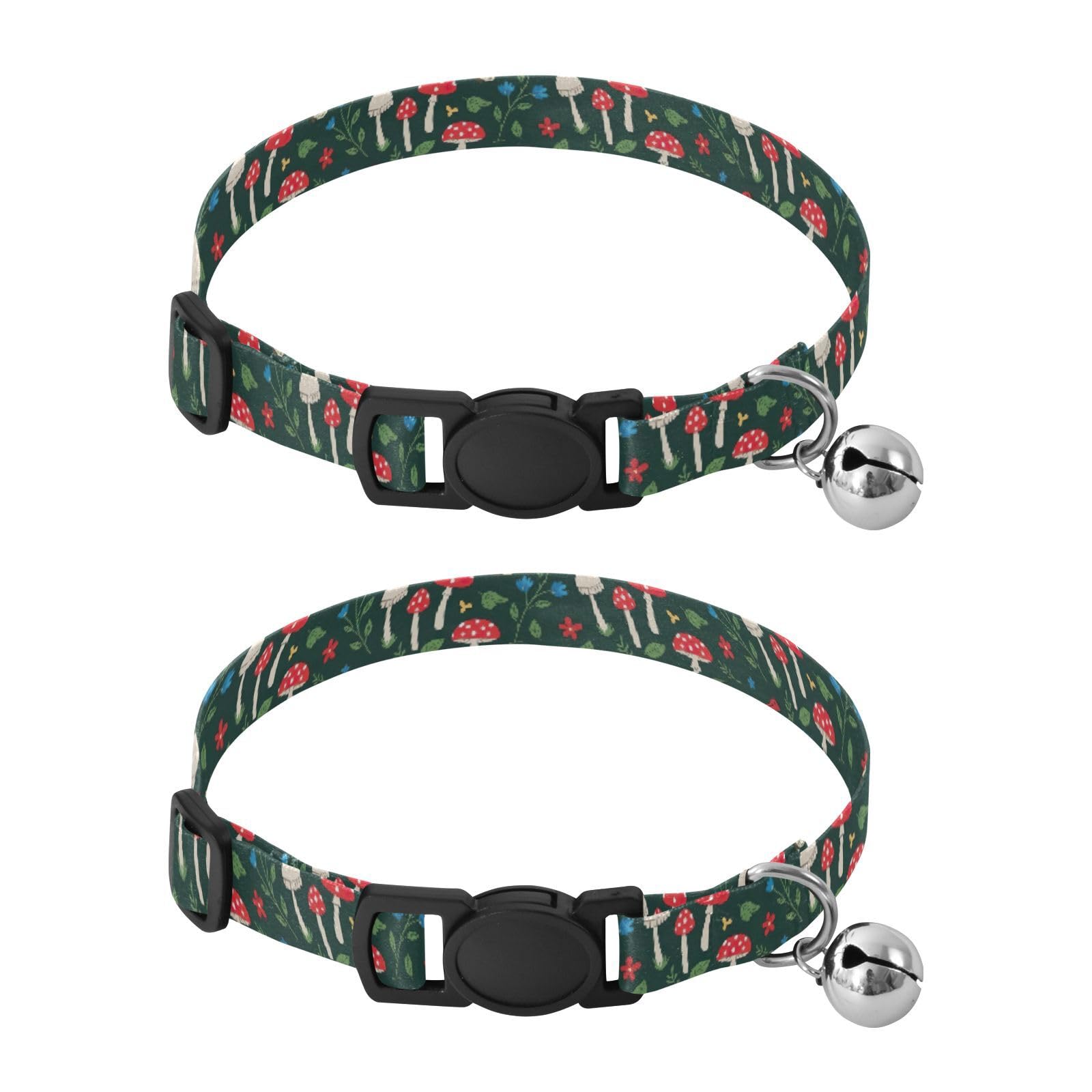 Mushrooms Red Colorful Flowers Cat Collars with Bell 2 Pack Dog Collar Adjustable Length 10.6" to 17.1"
