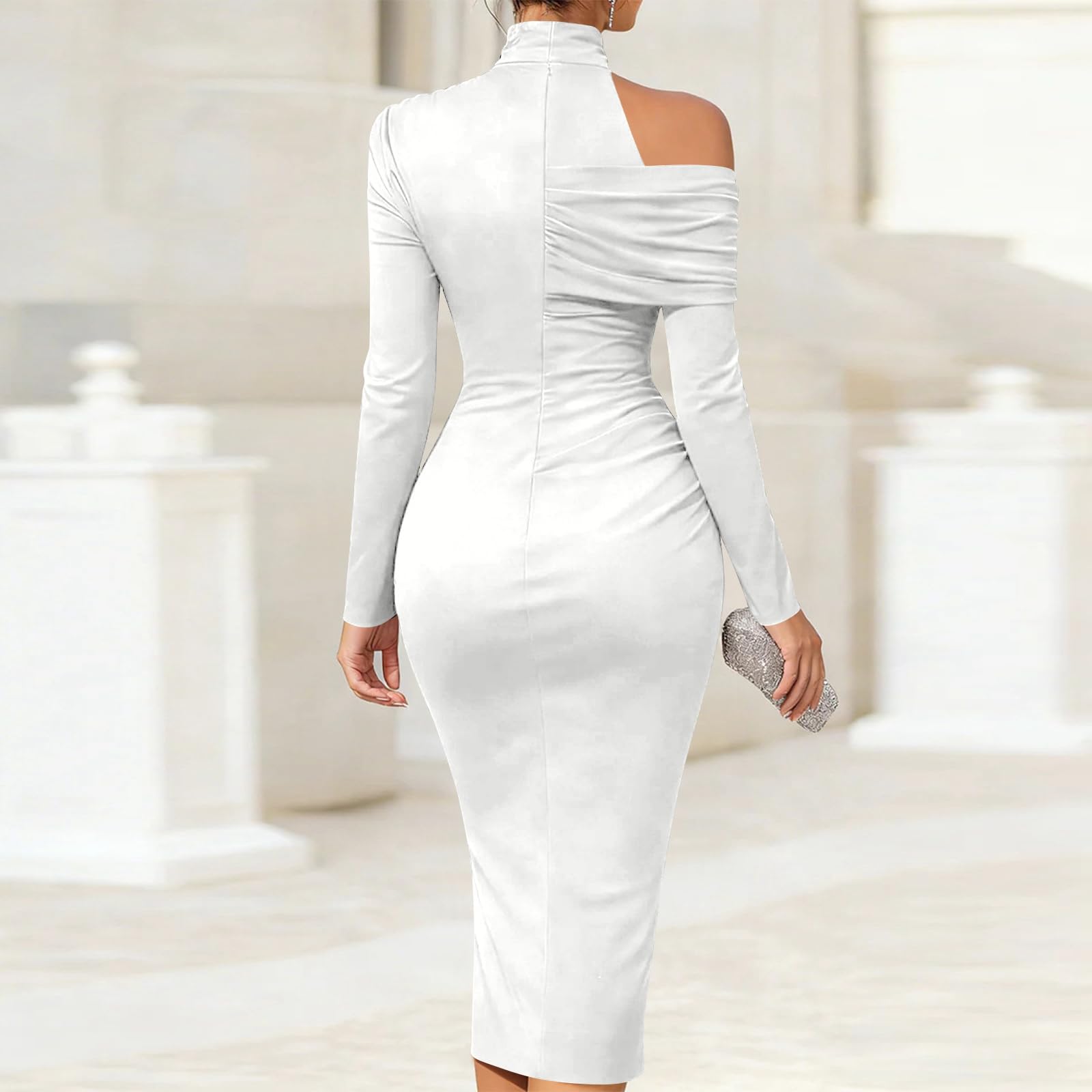 Generico Abito Midi Elegante da con Maniche Lunghe Drappeggiato Asimmetrico Scollo E Spacco Frontale Moderno