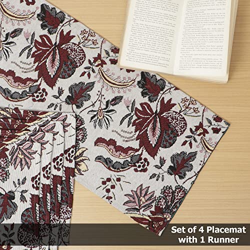 Image of HOKIPO Cotton Jacquard 4 Placemats with Runner for Dining Table 4 Seater (IN530-D4*4+IN531), Large, white spring flower