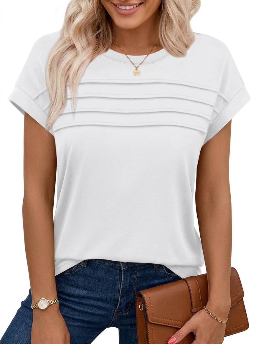 Chicrise Vest Tops Women UK Summer Pleated Cap Sleeve Tank Top Crew Neck Sleeveless Basic Casual T Shirt White Small 8-10