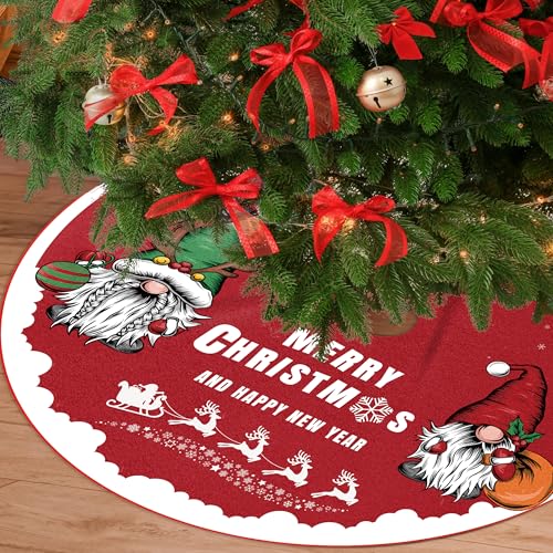 Christmas Tree Skirt Tree Skirt 30 INCH Large Snowflake Reindeer Christmas Gnome Red Xmas Tree Skirt Rustic Christmas Tree Decorations Holiday Party Decorations Indoor Outdoor Tree Mat Decoration