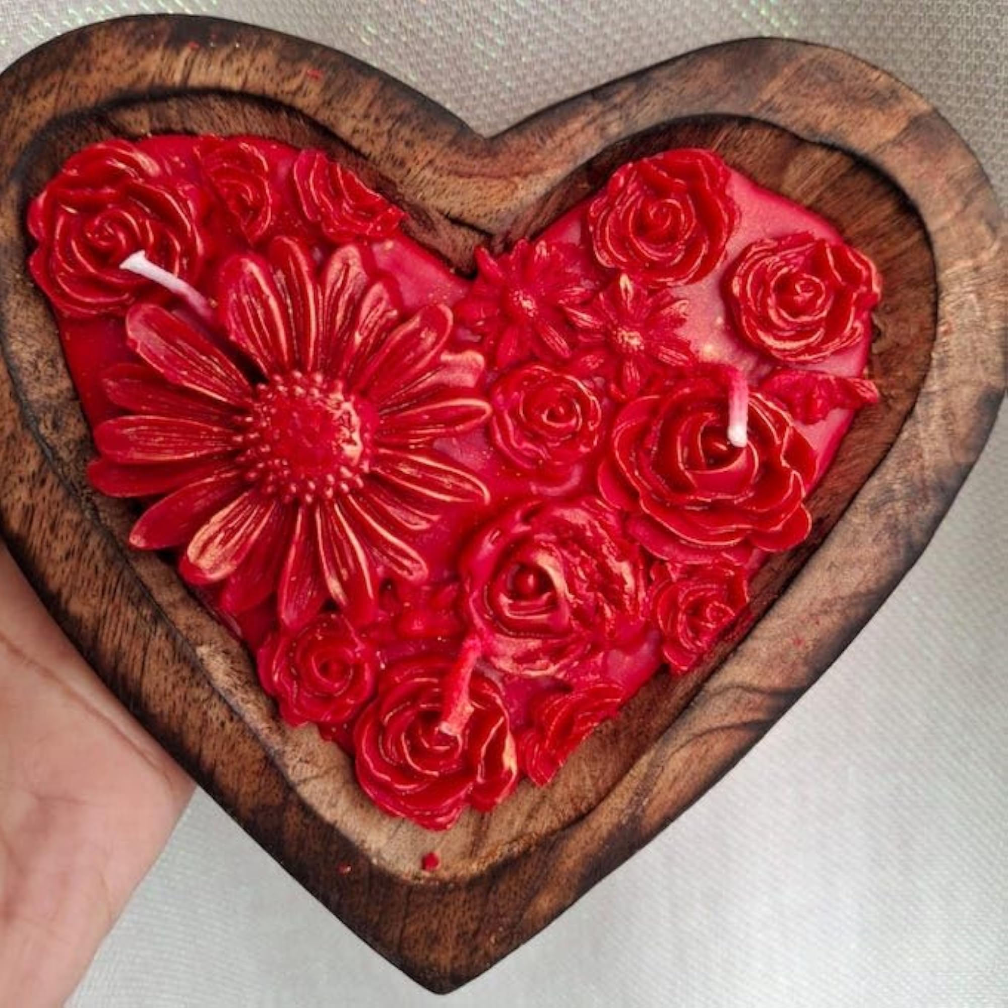 Heart Shape Flower Wooden Platter Candle