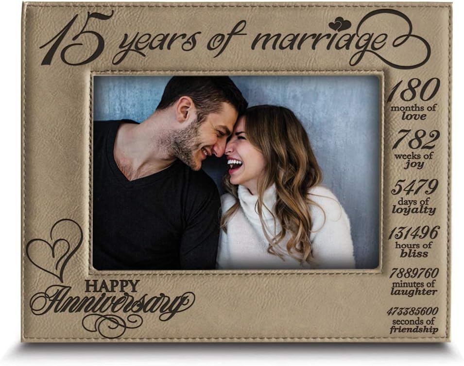 BELLA BUSTA-15 Years of marriage-Happy Anniversary-15th Anniversary- Engraved Leather Picture Frame (5 x 7 Horizontal) light brown