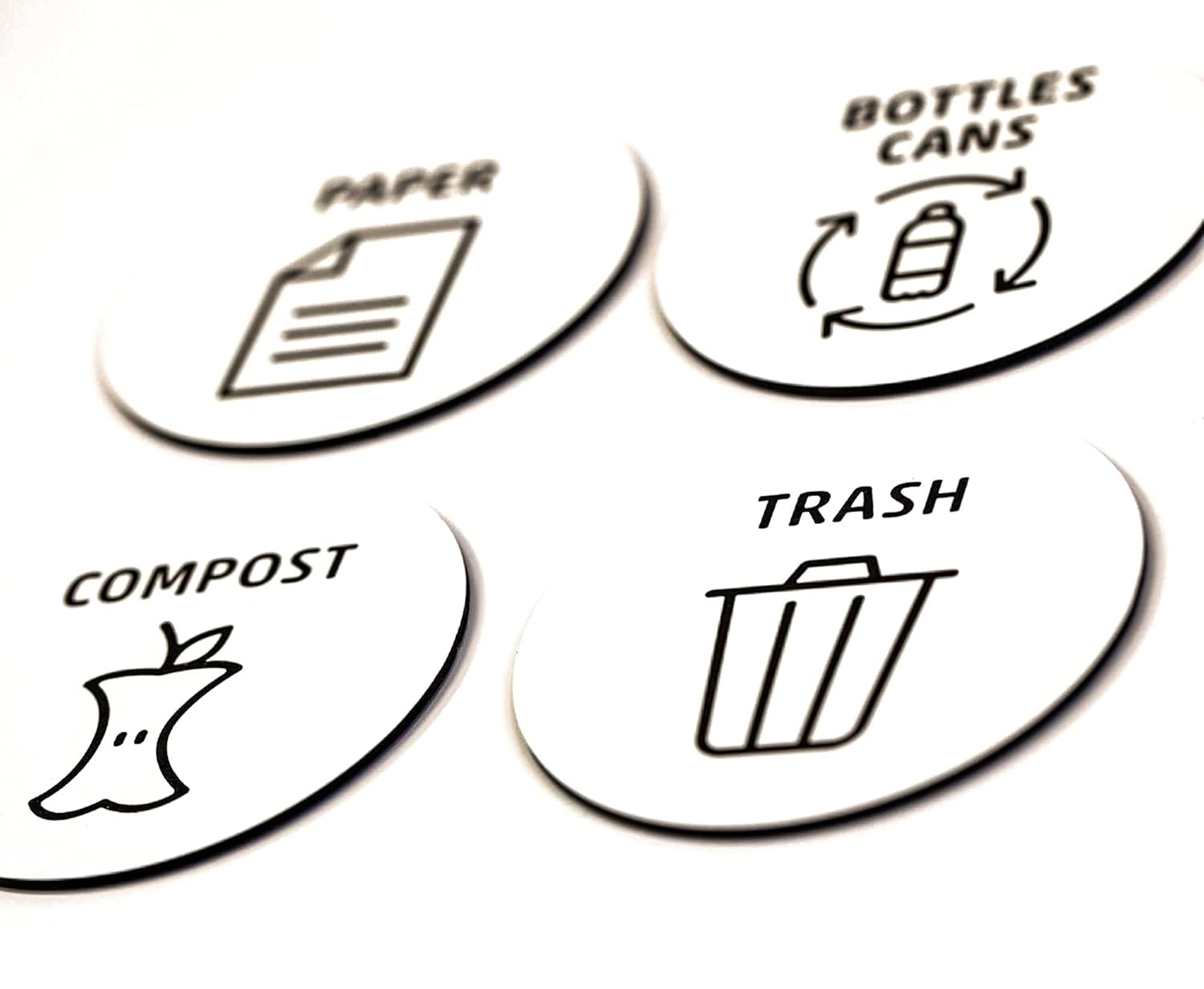 Set of 4 Waste Bin Signs | Trash, Paper, Compost, Bottles & Cans | Durable Acrylic Signs for Recycling Bins
