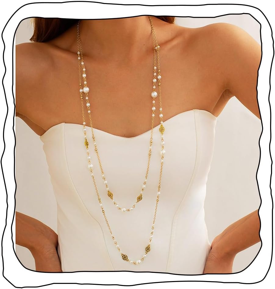 Long Pearl Necklaces for Women Layered Pearls Strand Necklace Gold Dainty Necklaces 1920s Statement Sweater Strand Chain Jewelry (Gold-Chain)
