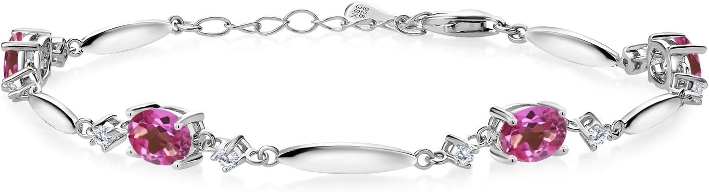 Gem Stone King 925 Sterling Silver Gemstone Birthstone and White Lab Grown Diamond Tennis Bracelet For Women | Oval 7X5MM and 2MM | 6 Inch + 1 Inch Extender | Fine Jewelry for Her Mom Wife