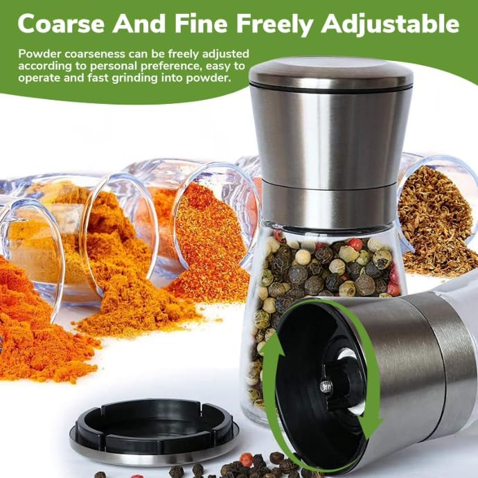 Salt and Pepper Grinder Set, Refillable Pepper Mill Set Short Glass Shakers with Adjustable Coarseness for Peppercorn, Salt or Spice Mills