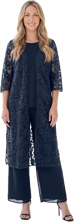 Roamans Womens Plus Size Three-Piece Lace Duster & Pant Suit