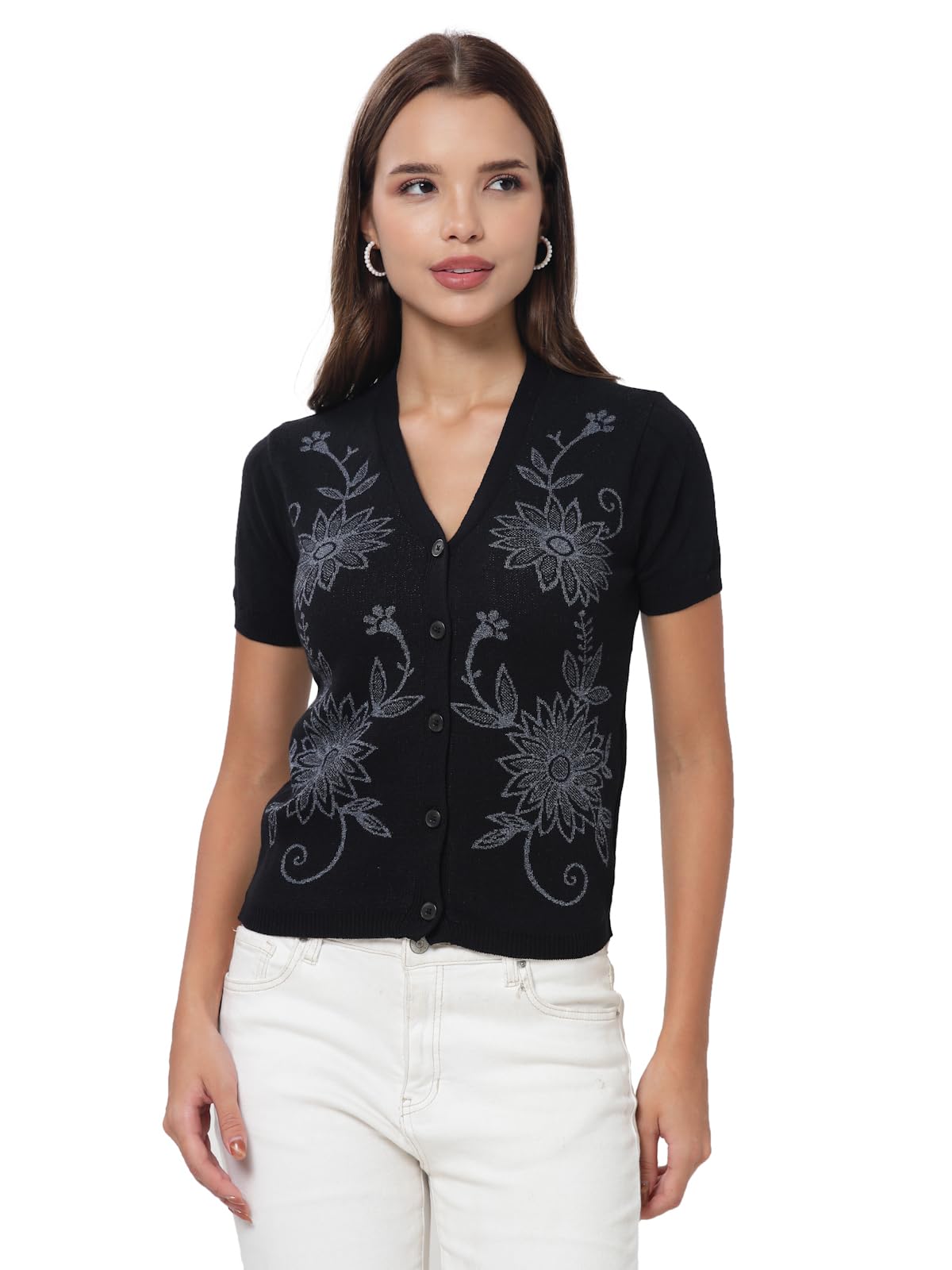 Women V-Neck Short Sleeves Floral Print Jacquard Cardigan Top-image-10