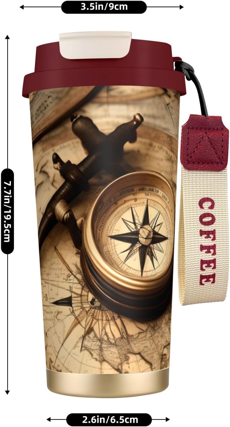 Compass and Old World Map Print Leakproof Insulated Coffee Mug,Stainless Steel Dual Drink Travel Tumbler,17 OZ