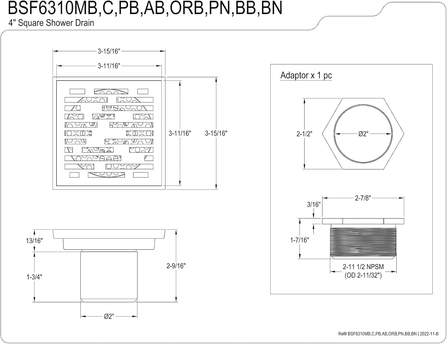 Transit 4" Brass Square Grid Shower Drain with Hair Strainer, Oil Rubbed Bronze
