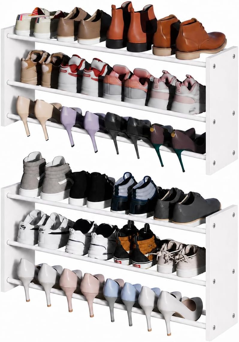 2 Pack 3 Tier Wall Mounted Shoe Rack, 17"-30"Adjustable Hanging Shoe Rack