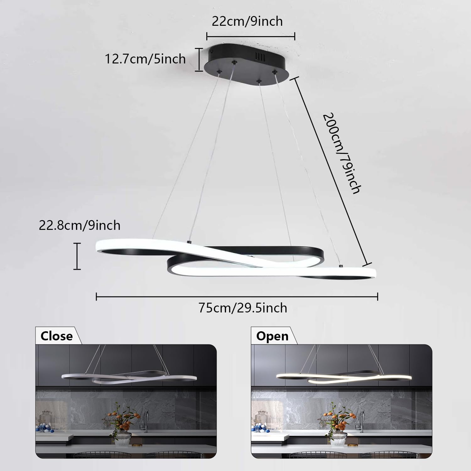 Led Pendant Light, Modern Chandelier,Dimmable Black Led Chandelier for Dining Room Light Fixture Over Table Modern Kitchen Island Lighting with Remote,Height Adjustable Ceiling Lamps