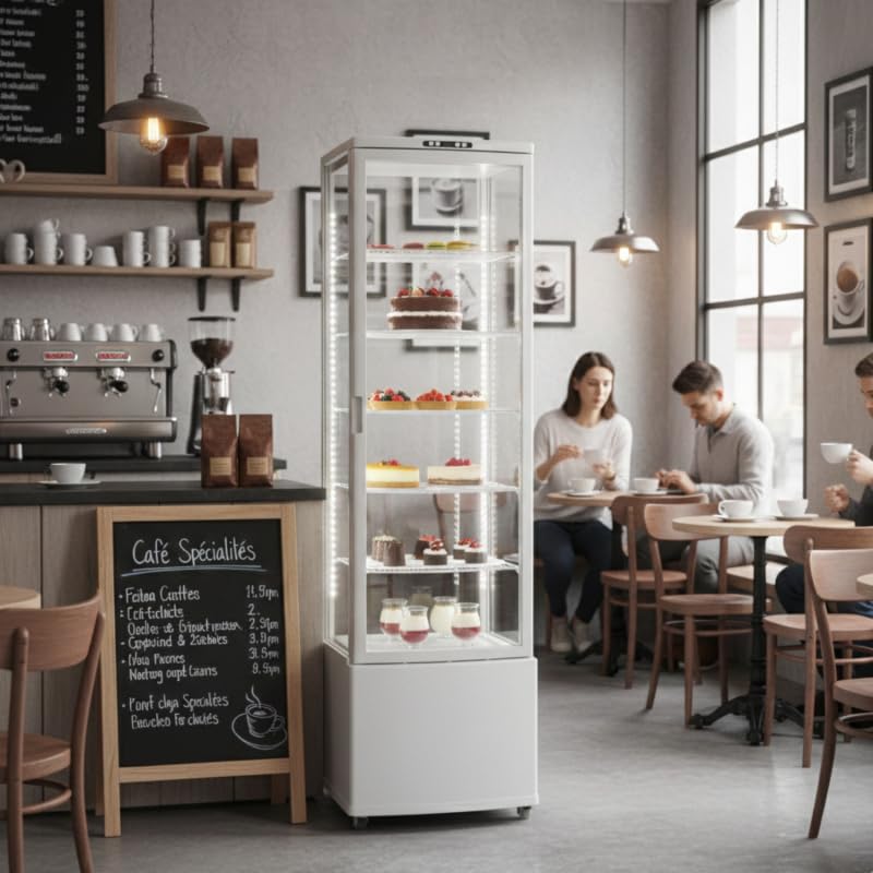 Vitrina Refrigerada Panorámica Genérica 280L - 5 Estantes - Frío Ventilado 0 a +12°C - Doble acristalamiento y LED - Negro o Blanco - Ideal Panaderías, Snacks, Restaurantes (blanco)