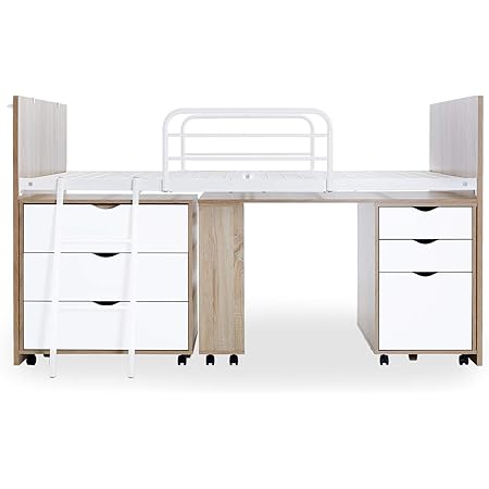 Amazon Lowya ロウヤ ベッド システムベッド システムデスク パイプベッド ロフトベッド デスク チェスト 引き出し 子供 木製 ハシゴ オーク ホワイト おしゃれ 新生活 脚付きマットレス オンライン通販