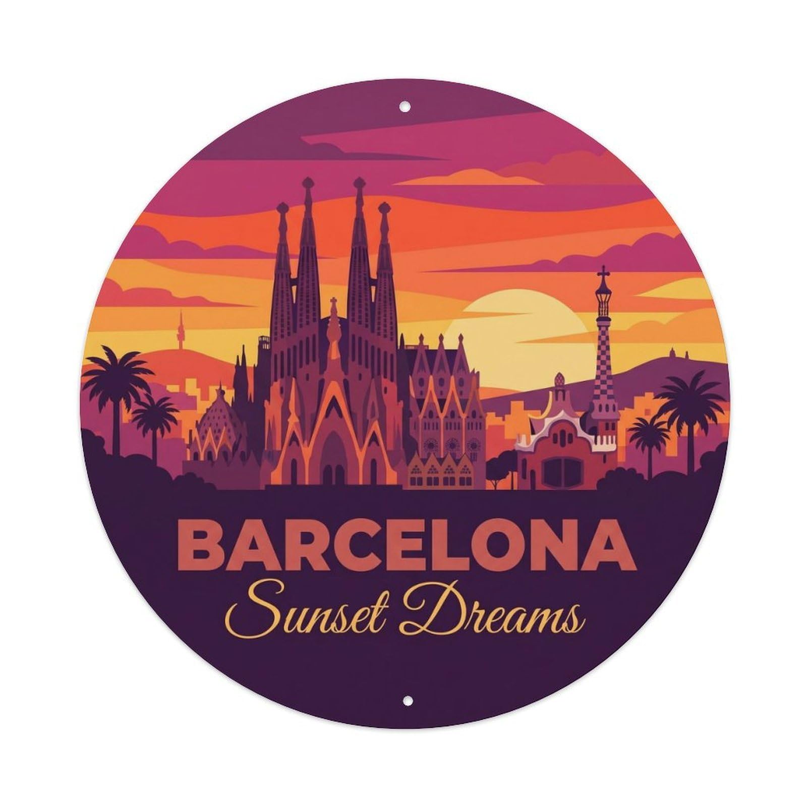 Vintage Travel Barcelona Sunset Colors Vibrant Metal Tin Sign Plaque Wall Decor for Cafe, Club, Garden Round Metal Poster 8x8Inch