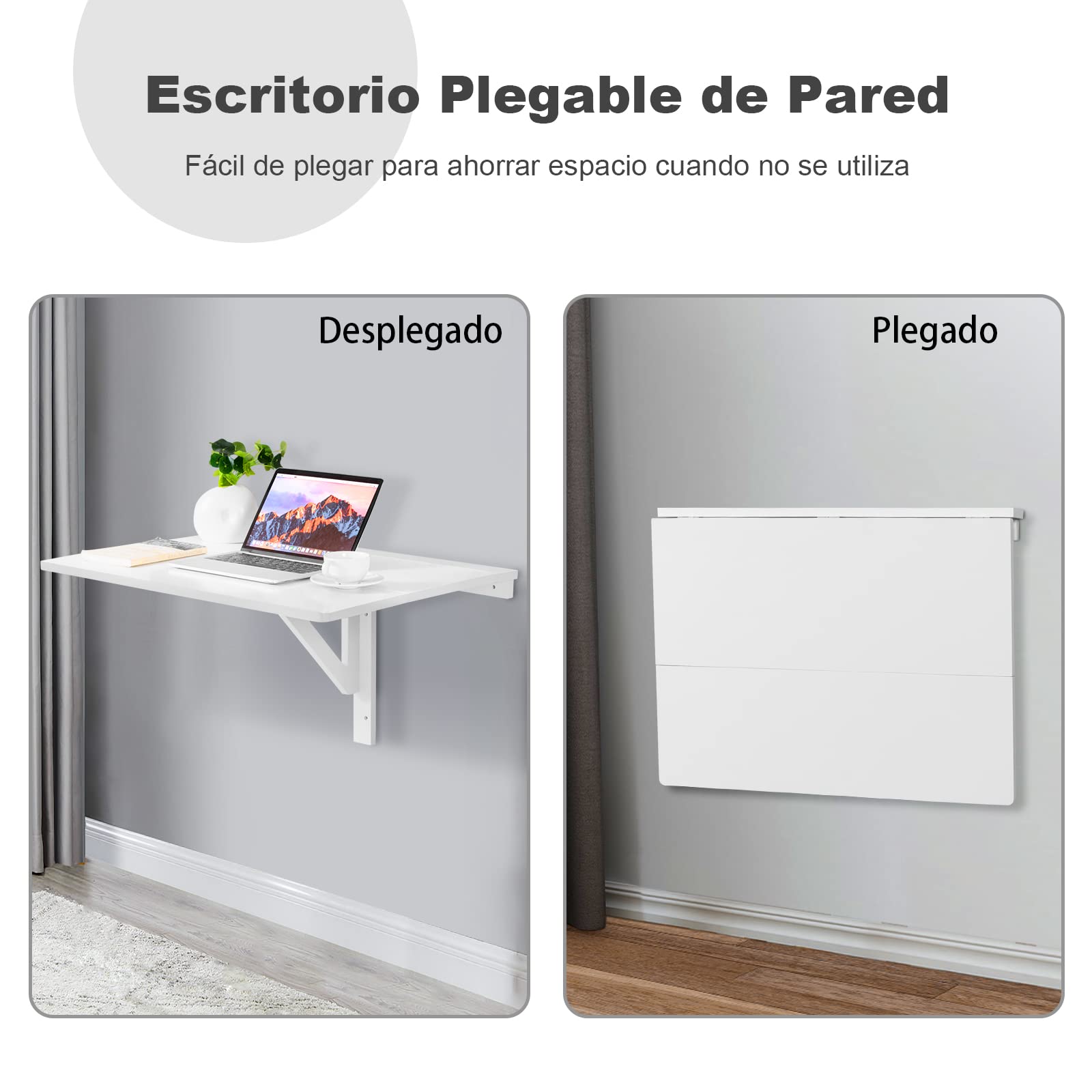 COSTWAY Mesa Plegable Pared de 80 cm x 60 cm, Escritorio Flotante para Espacios Pequeños, Estación de Trabajo Plegable para Cocina, Dormitorio, Lavadero, Estudio (Blanco)