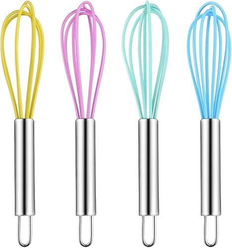 Paquete de 4 mini batidores de cocina de silicona coloridos con asas de acero inoxidable para mezclar huevos de leche, agitar, batir y batir (4