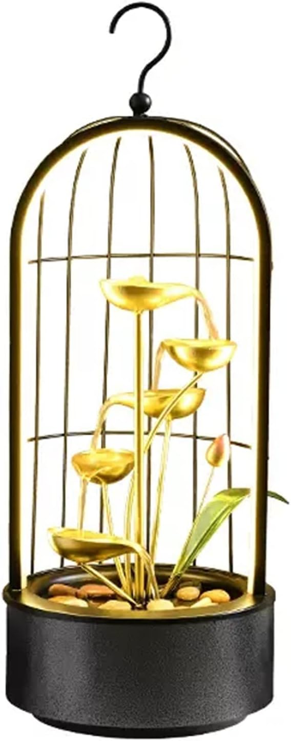 Desk Fountain Table Fountain, Indoor Waterfall, Fountain Table Top 5 Tiers Indoor Leisure Fountain Waterfall, Black Bird Cage Decoration Water Fountain Indoor