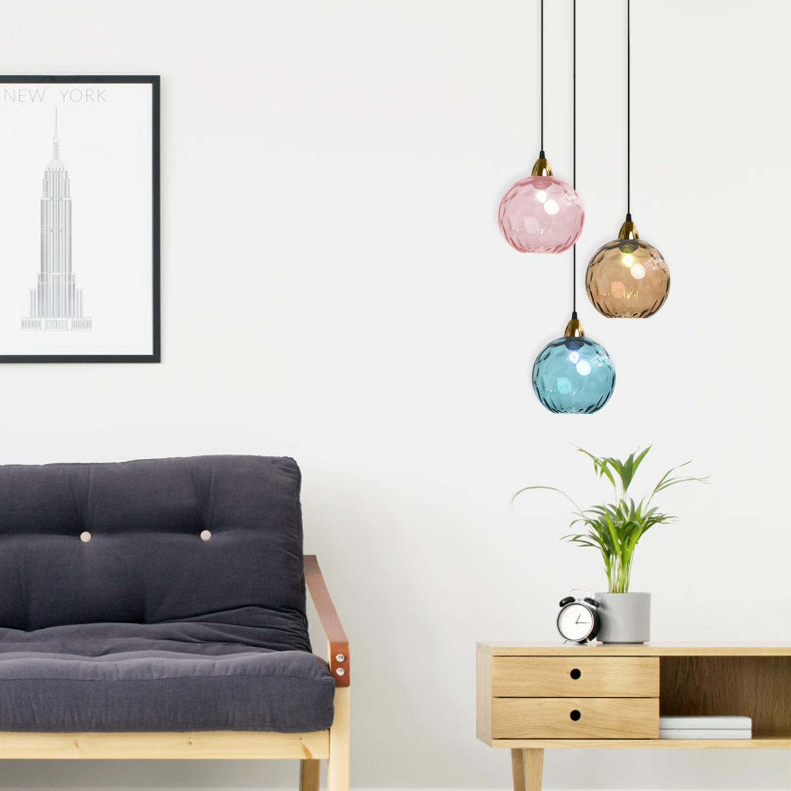 20cm Lampada a Sospensione Sferica in Vetro Industriale D'epoca, Lampadario da Soffitto E27, Finitura Oro e Paralume in Vetro Ondulato, Plafoniera Per Sala da Pranzo (Blu azzurro, 20cm)