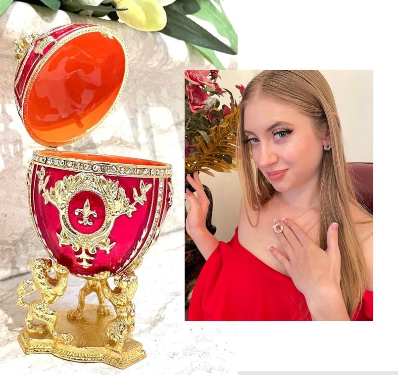 Designer Faberge egg SET Valentine Day Love Wreath Royal Red Fabergé Egg 24KGOLD Russian Jewelry Box Faberge egg Trinket HANDMADE 200Austrian