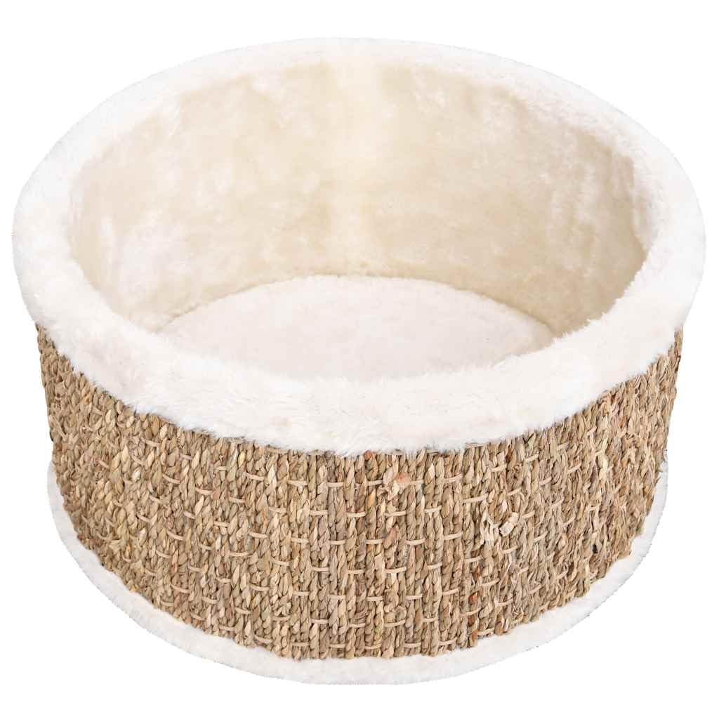 Katzenkorb Rund 36 cm – Katzenbett mit Seegras Kratzfläche und ultraweichem Plüsch, Gemütlicher Schlafplatz für Katzen, Stabiles Katzenzubehör, Beige