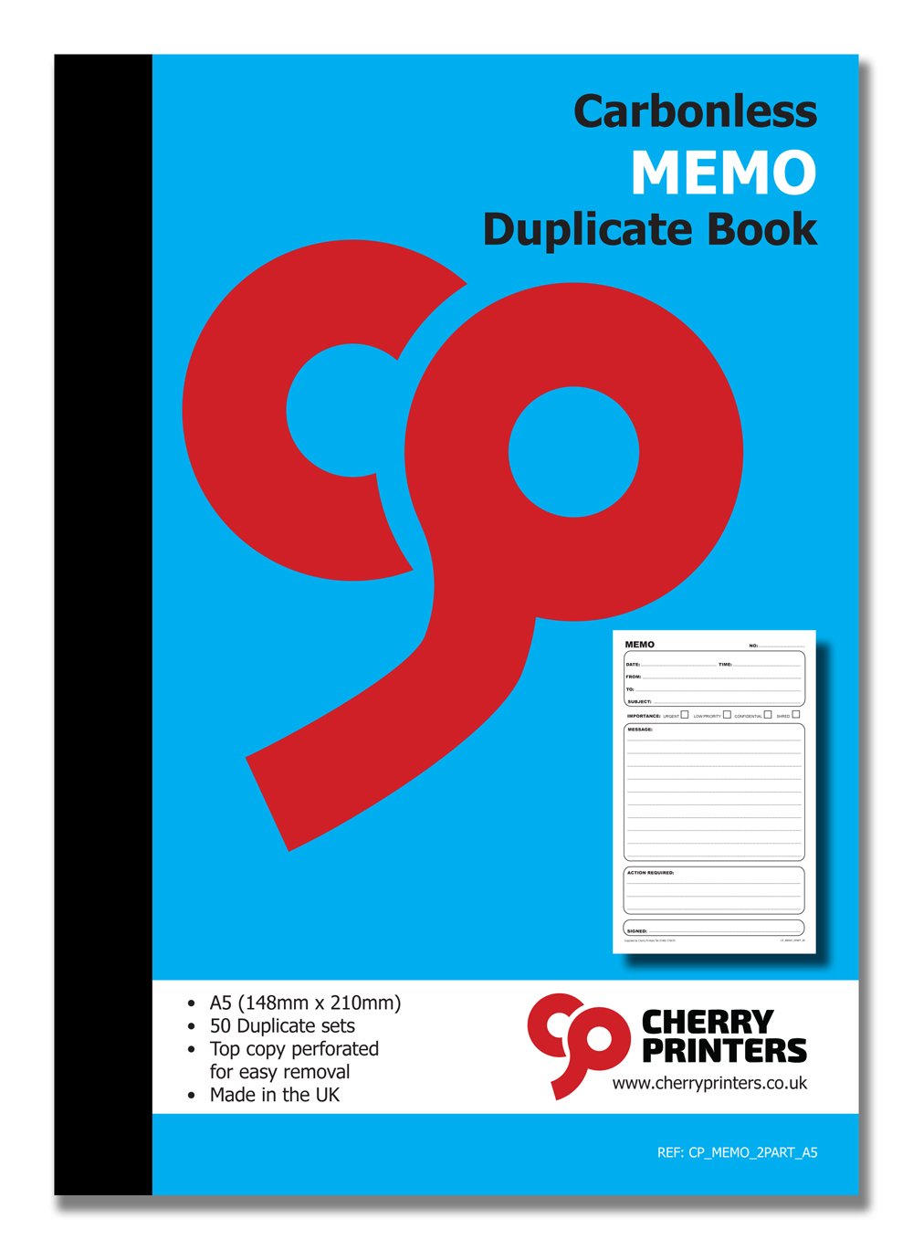 Cherry Carbonless Memo Duplicate Book | A5 (148mm x 210mm) | 50 Perforated Sets | Made in The UK