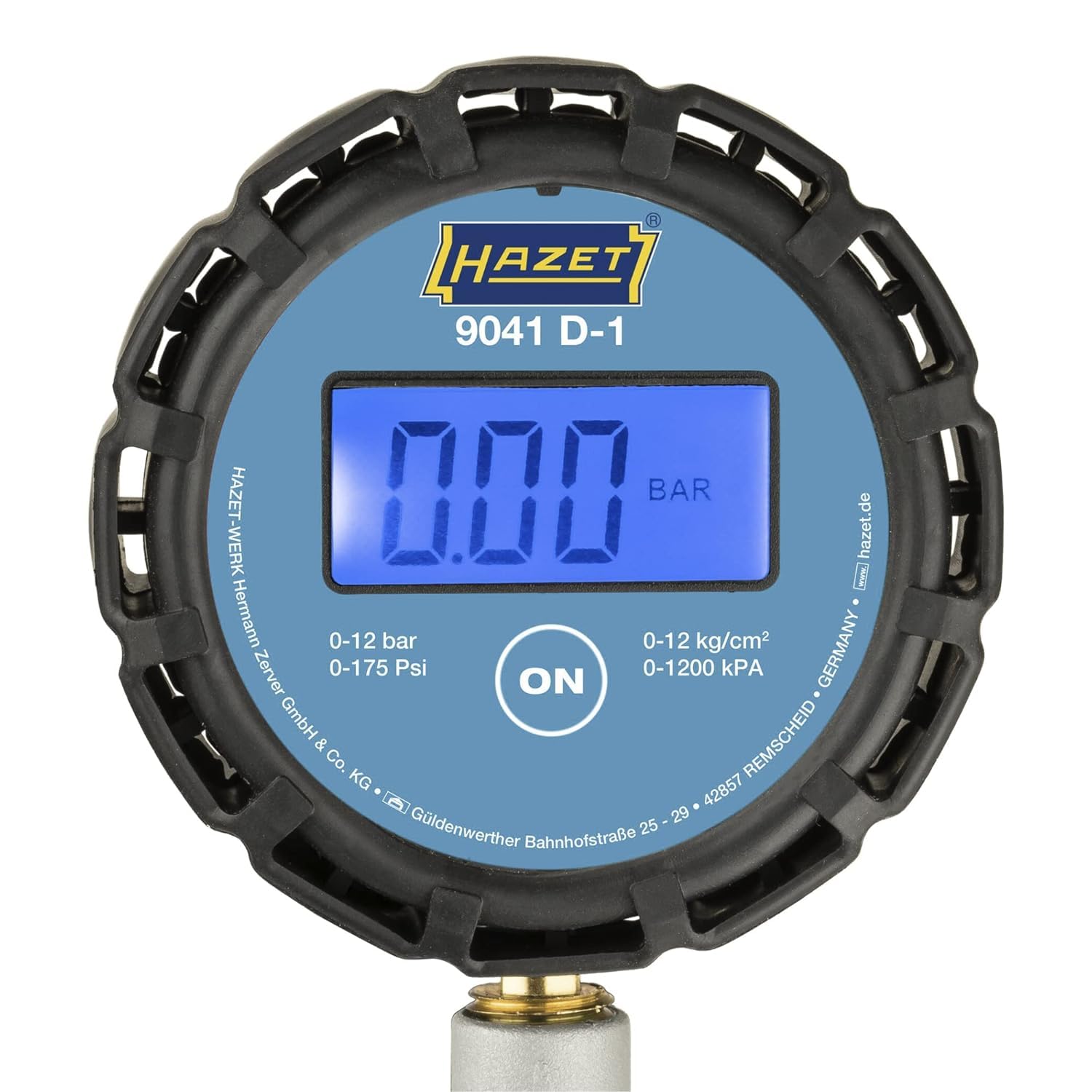Manómetro HAZET 9041D-1 I Pantalla digital, iluminado, rango de medición: 0-12 bar, longitud de manguera: 400 mm I Manómetro de presión de neumáticos para coches, motos y mucho más