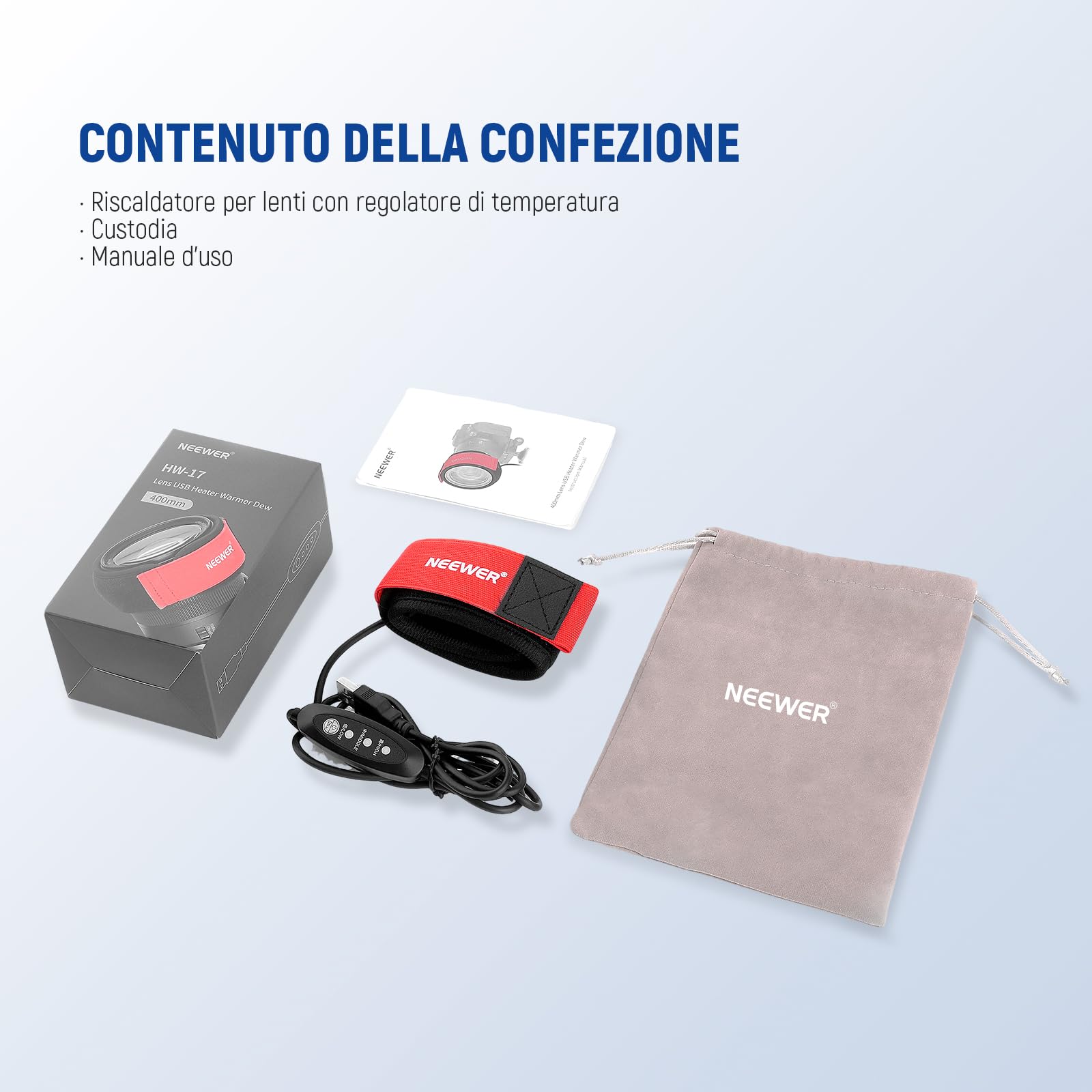 NEEWER Riscaldatore Obiettivo USB da 16"/400mm con 3 Impostazioni Temperatura, Striscia Riscaldante Anticondensa Antinebbia per Fotocamera DSLR Mirrorless Telescopi Binocoli Astrofotografia, HW-17B