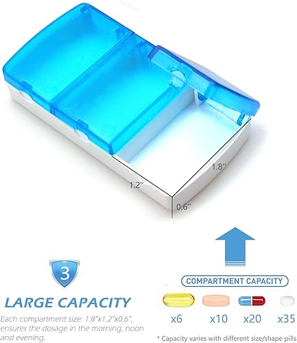 Miniatura 4 de Organizador de pastillas pequeño 3 veces al día diariamente, paquete de 2 pastilleros de viaje para bolsillo de bolso, 3 compartimentos portátil