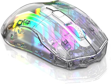 Docooler Wireless Gaming Mice with Transparent Crystal Shell, Tri-ModesUSB Wired+2.4G Wireless+Bluetooth, 3600DPI Adjustable E-Sports Mice, RGB Slient Mouse with Ergonomics Design - White/Black