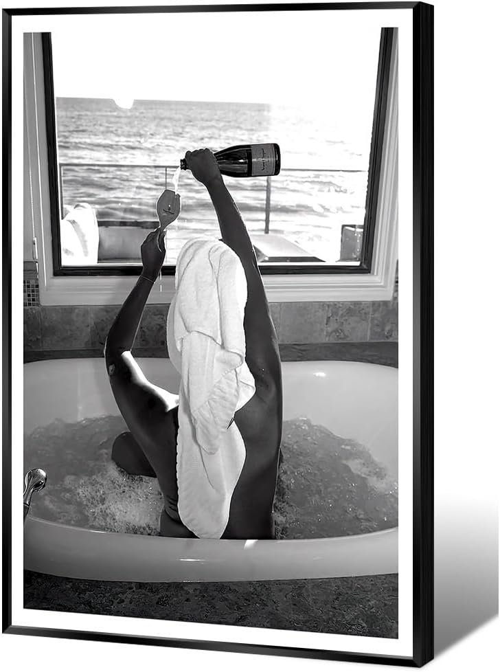 Trendy Black and White Poster Funny Woman Drinking Wine in Bathtub Wall Art Funky Girl Room Decor Fashion Vintage Bar Cart Canvas Prints for Dorm Bathroom Apartment Aesthetic 20x30in Metal Black Frame Black Frame 4 30"L x 20"W