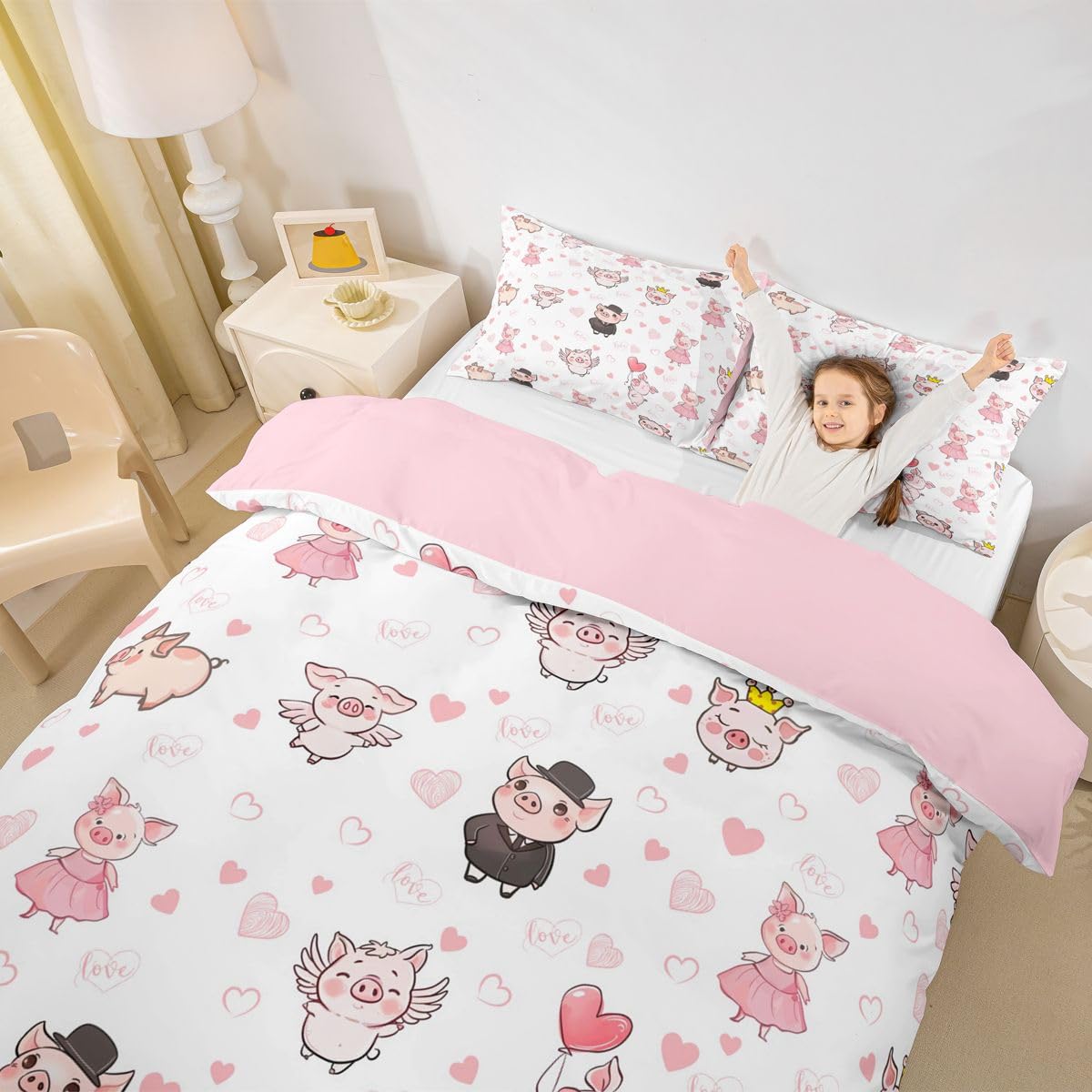 Homewish Kreskówka świnka król pościel miłość serce poszewka na kołdrę zestaw korona kawaii różowa świnka ręcznie rysowana poszewka na kołdrę skrzydła garnitur spódnica balon pościel zestawy łóżek