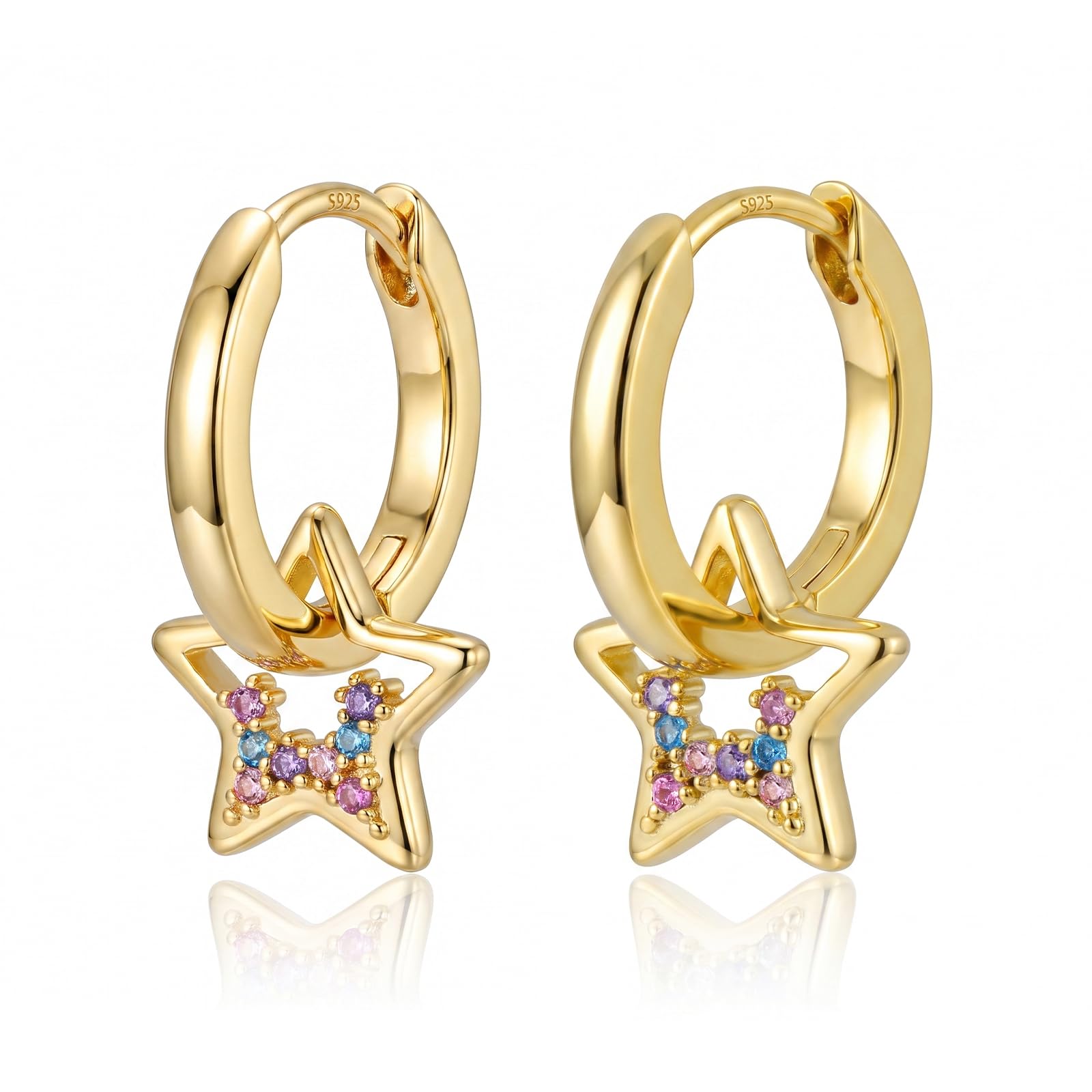 Orecchini a forma di stella, in argento 925, da ragazza, pendenti con zirconi colorati, piccoli orecchini a cerchio, gioielli a forma di stella, regalo di compleanno per bambine